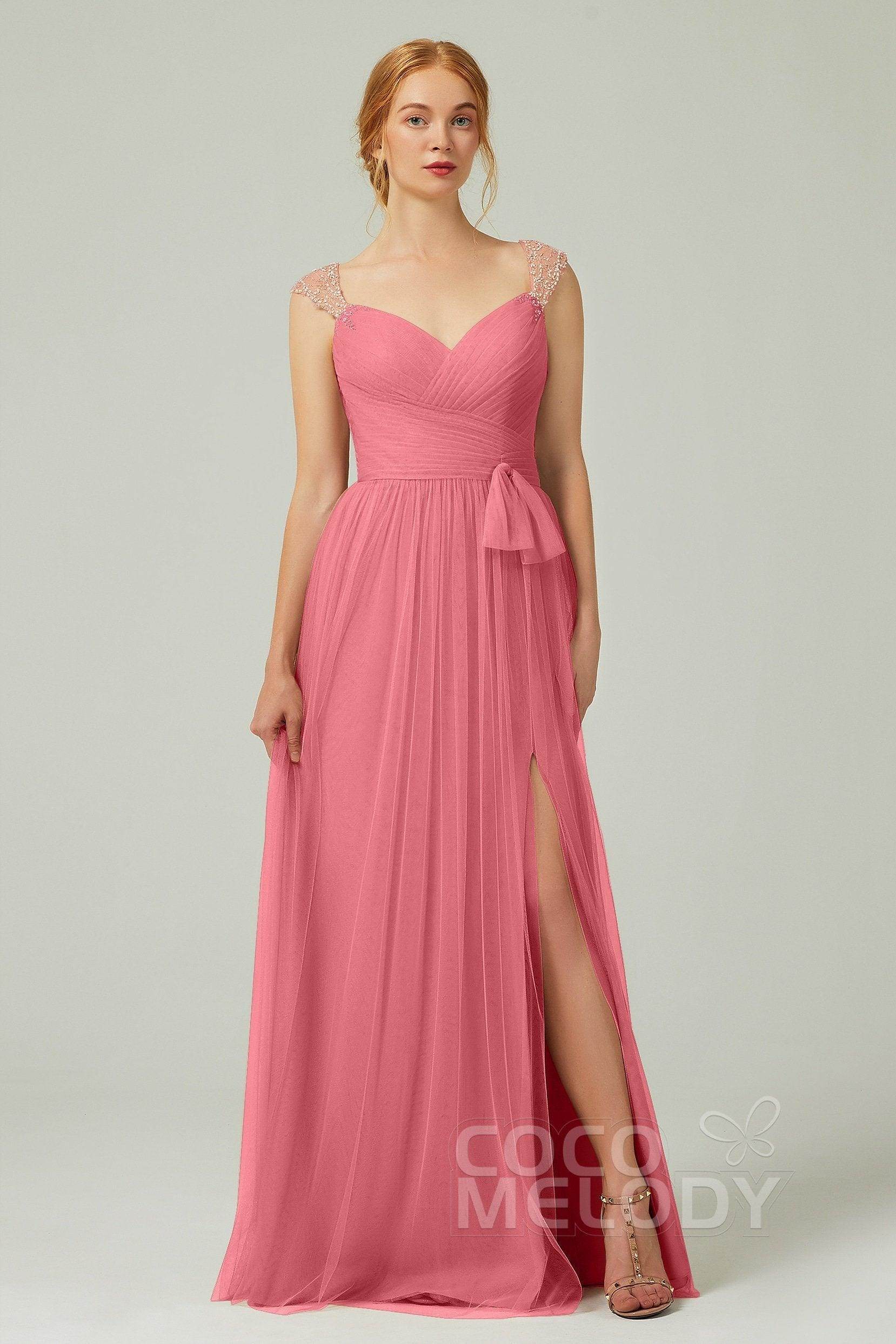 A-Line Floor Length Tulle Bridesmaid Dress CB0313PS - COCOMELODY